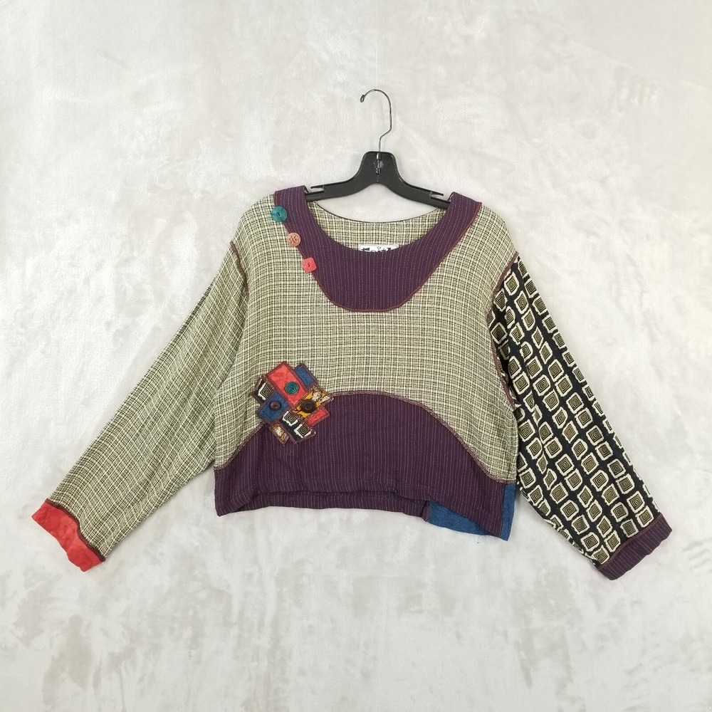 Vintage Faith Blouse Women L Multi Pattern Embroidered Button Art Eclectic Top